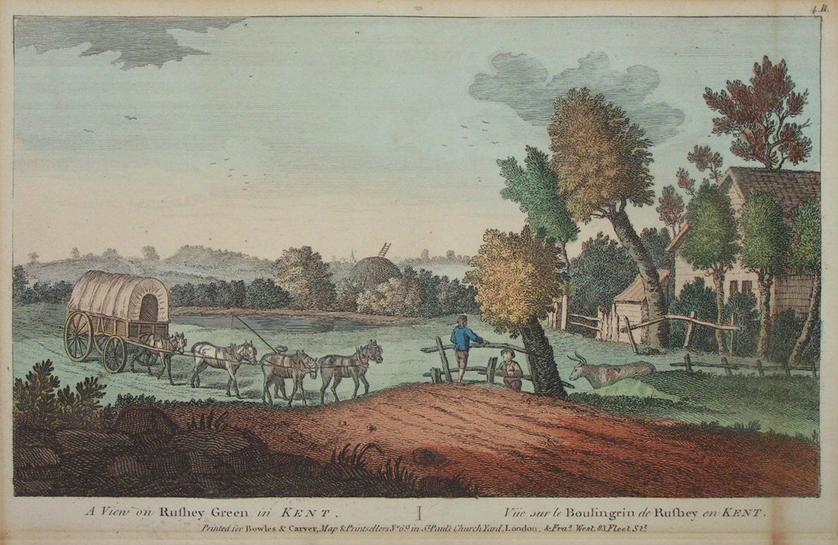 Print - A View on Rushey Green in Kent. Vue sur le Boulingrin de Rushey en Kent.